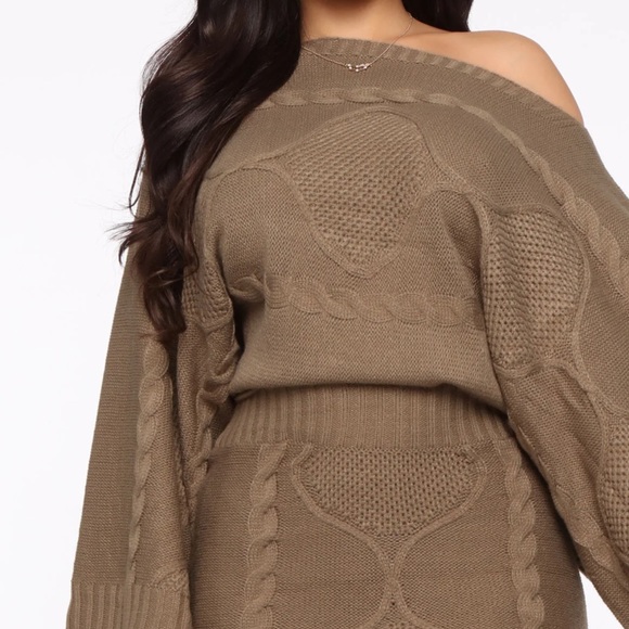 Olive green Knit Sweater top Dolman cropand midi Skirt Set small - Picture 2 of 9